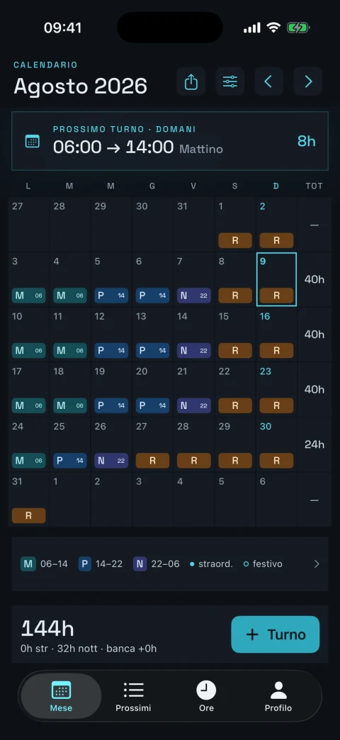 Schermata reale di turni con il calendario di agosto 2026, i turni Mattino, Pomeriggio, Notte e Riposo e il riepilogo di 144 ore.