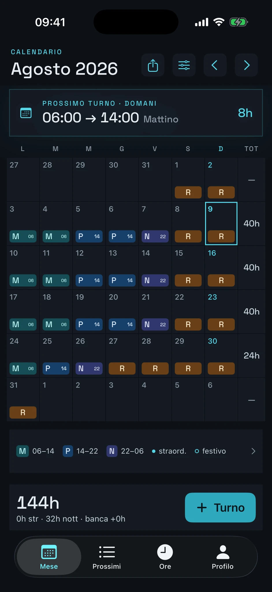 Schermata reale di Turni con il calendario di agosto 2026, i turni Mattino, Pomeriggio, Notte e Riposo e il riepilogo di 144 ore.