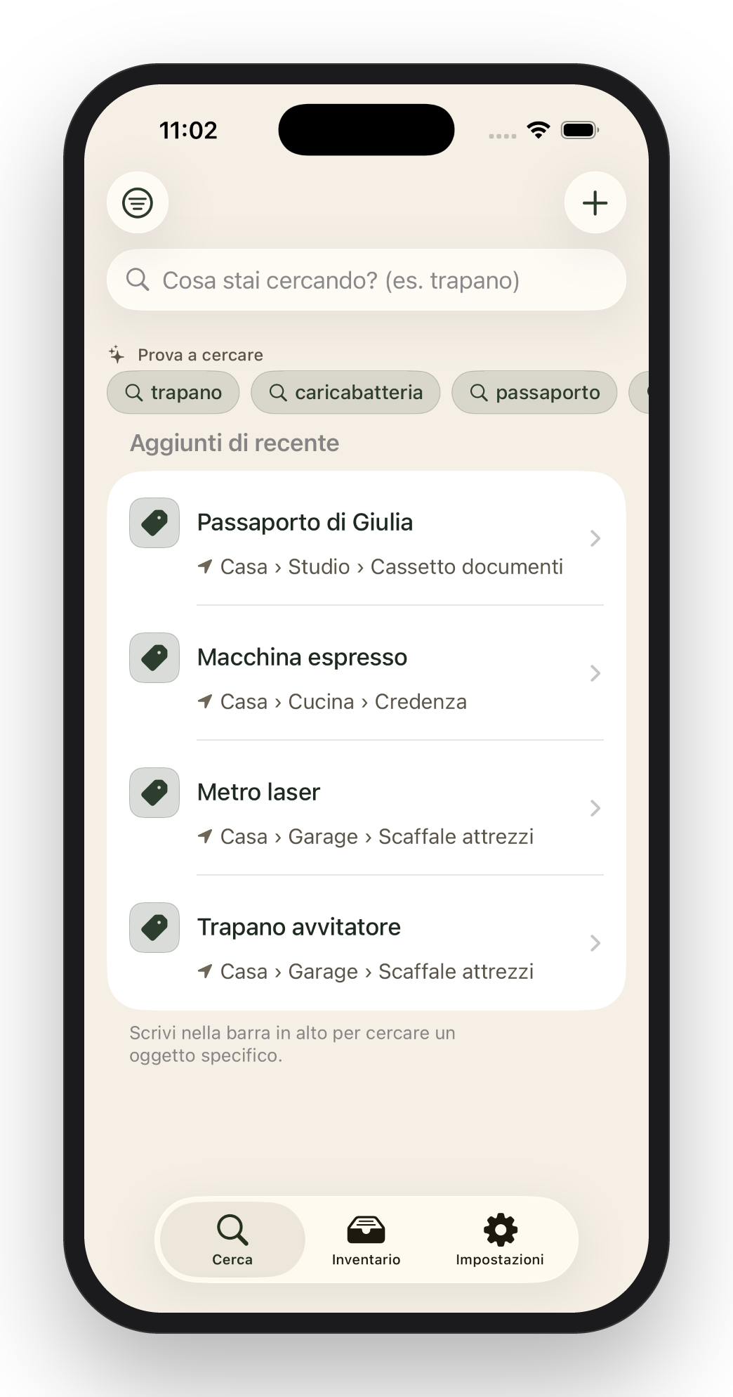 Mnemia su iPhone: la tab Cerca con «Cos'hai perso?» e gli oggetti recenti