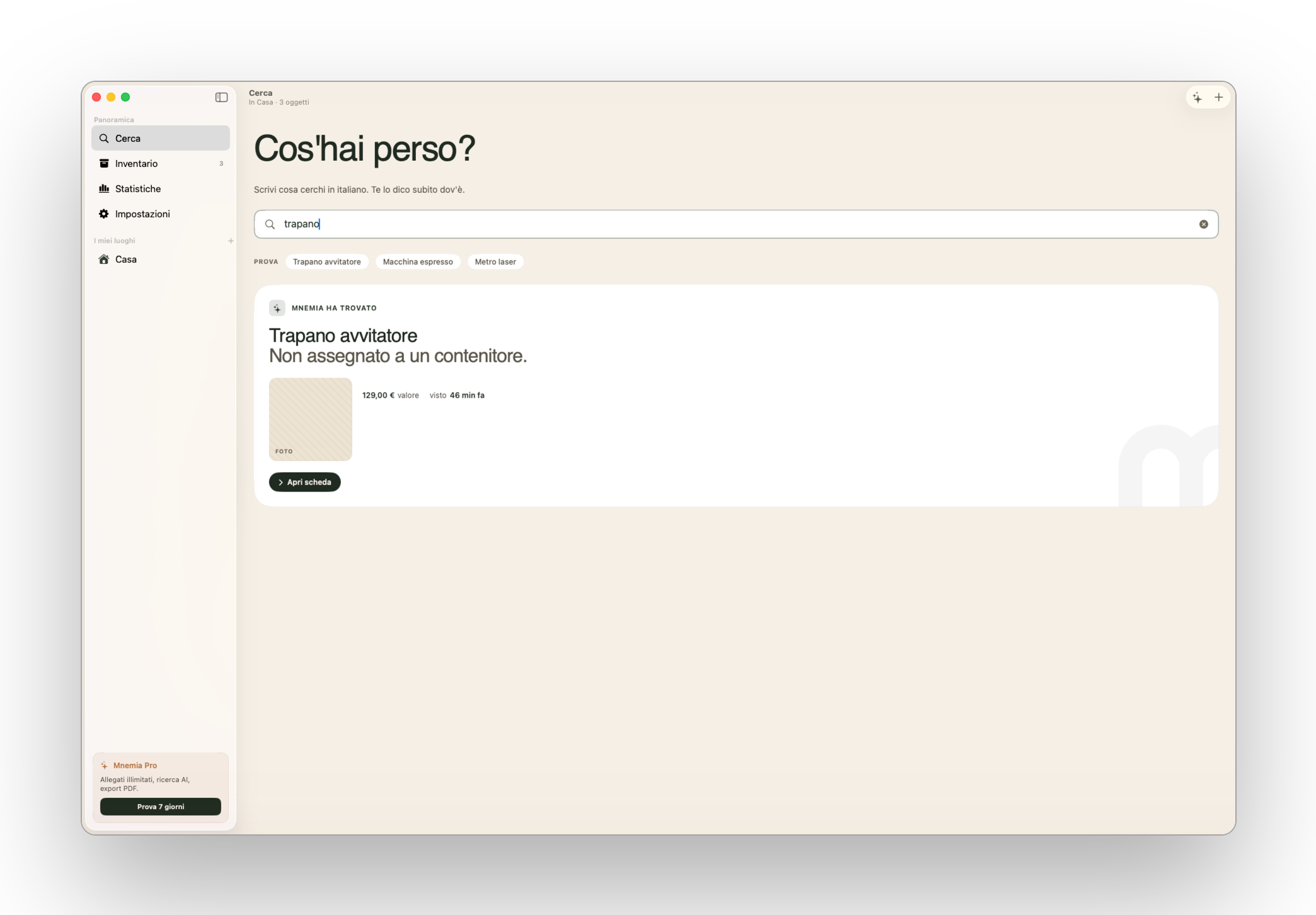 Mnemia su Mac: la ricerca «dov'è il trapano?» con il risultato trovato